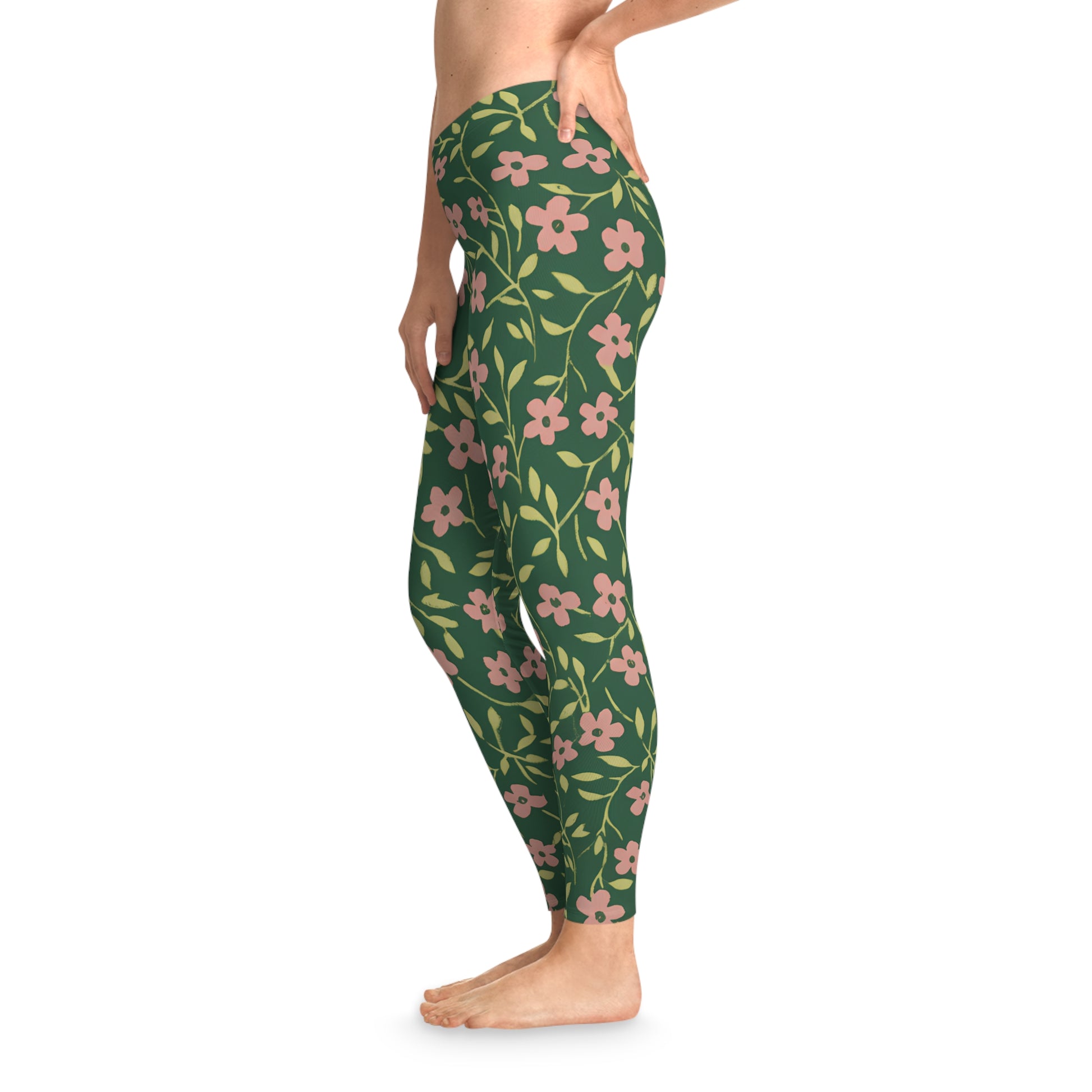 Floral Vines Leggings — Green Pink All-Over-Print Woman's Leggings Printify