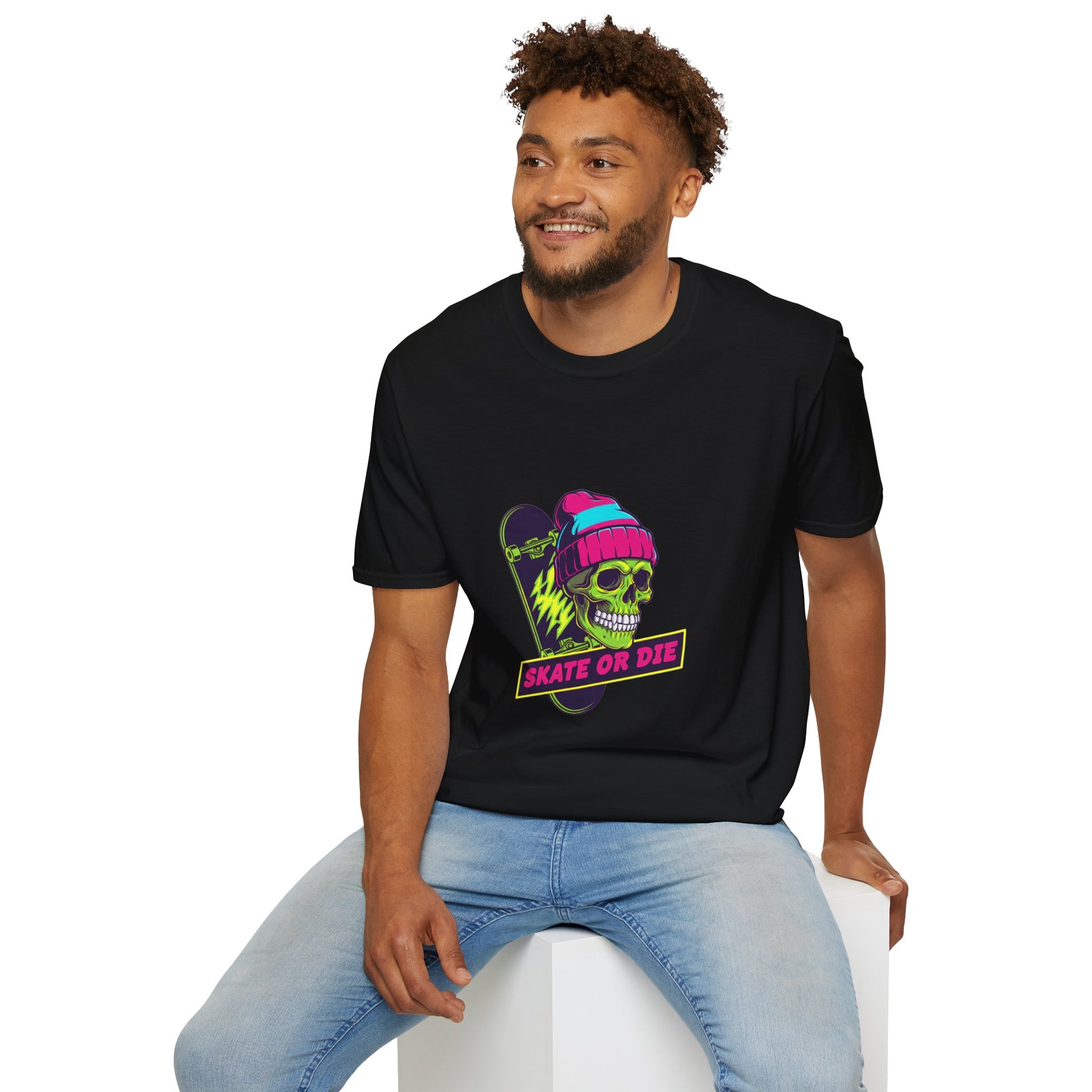 Skate or Die Skull T-Shirt — Neon Skateboard Graphic Tee Printify