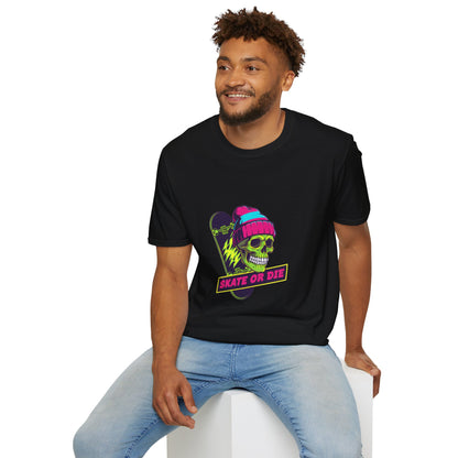 Skate or Die Skull T-Shirt — Neon Skateboard Graphic Tee Printify