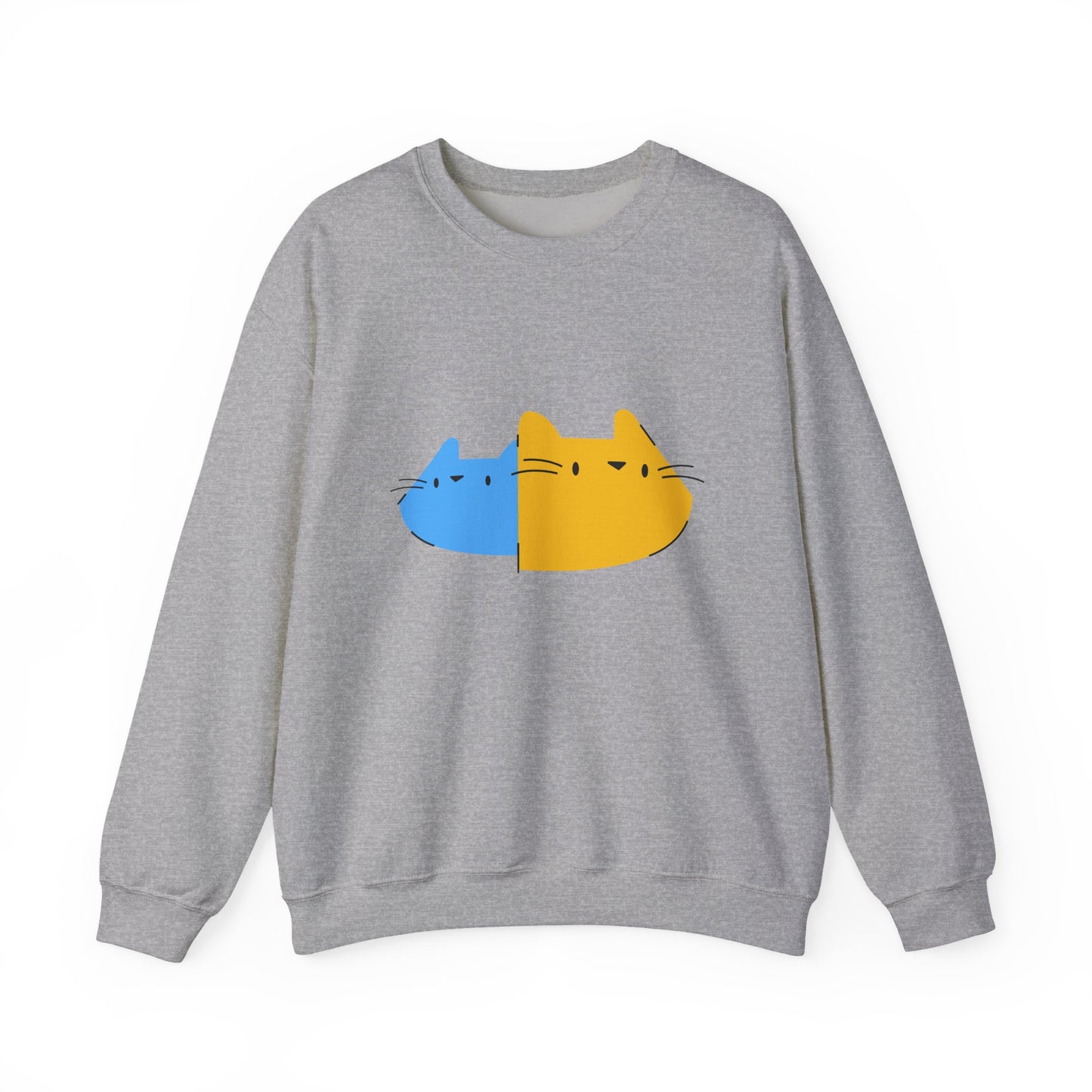 Cat Split Face Crewneck Sweatshirt – Cute Blue & Yellow Cat Graphic Printify