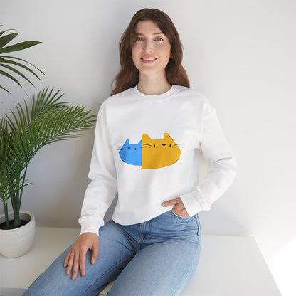 Cat Split Face Crewneck Sweatshirt – Cute Blue & Yellow Cat Graphic Printify