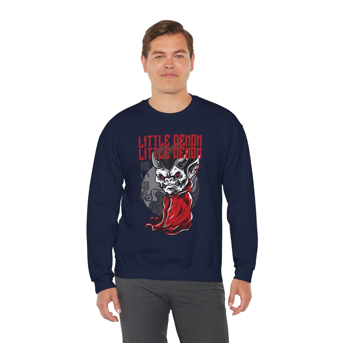 Little Demon Crewneck Sweatshirt — Gothic Oni Skull Pullover Printify
