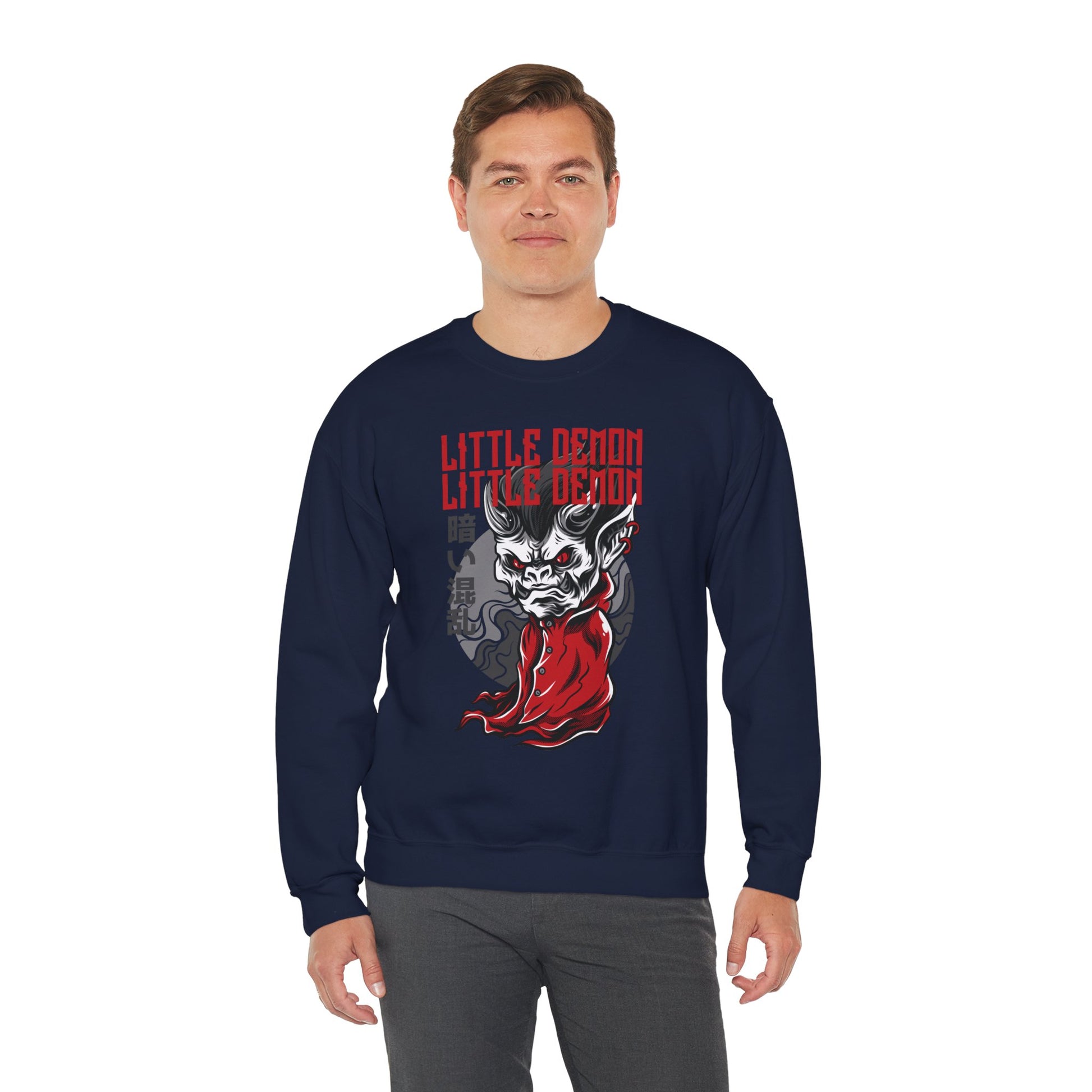 Little Demon Crewneck Sweatshirt — Gothic Oni Skull Pullover Printify