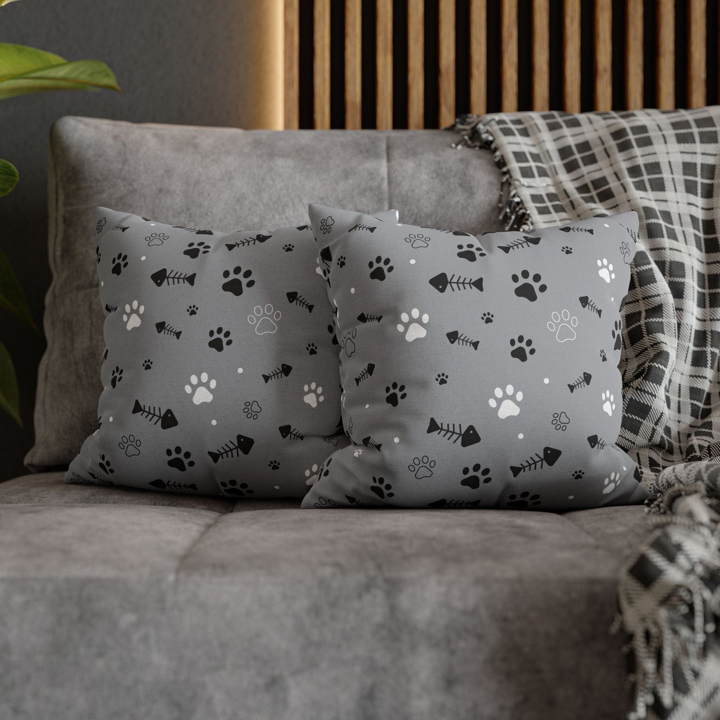 Cat Paw Print Decorative Pillowcase — Grey Fishbone & Paw Pattern Cushion Cover Printify