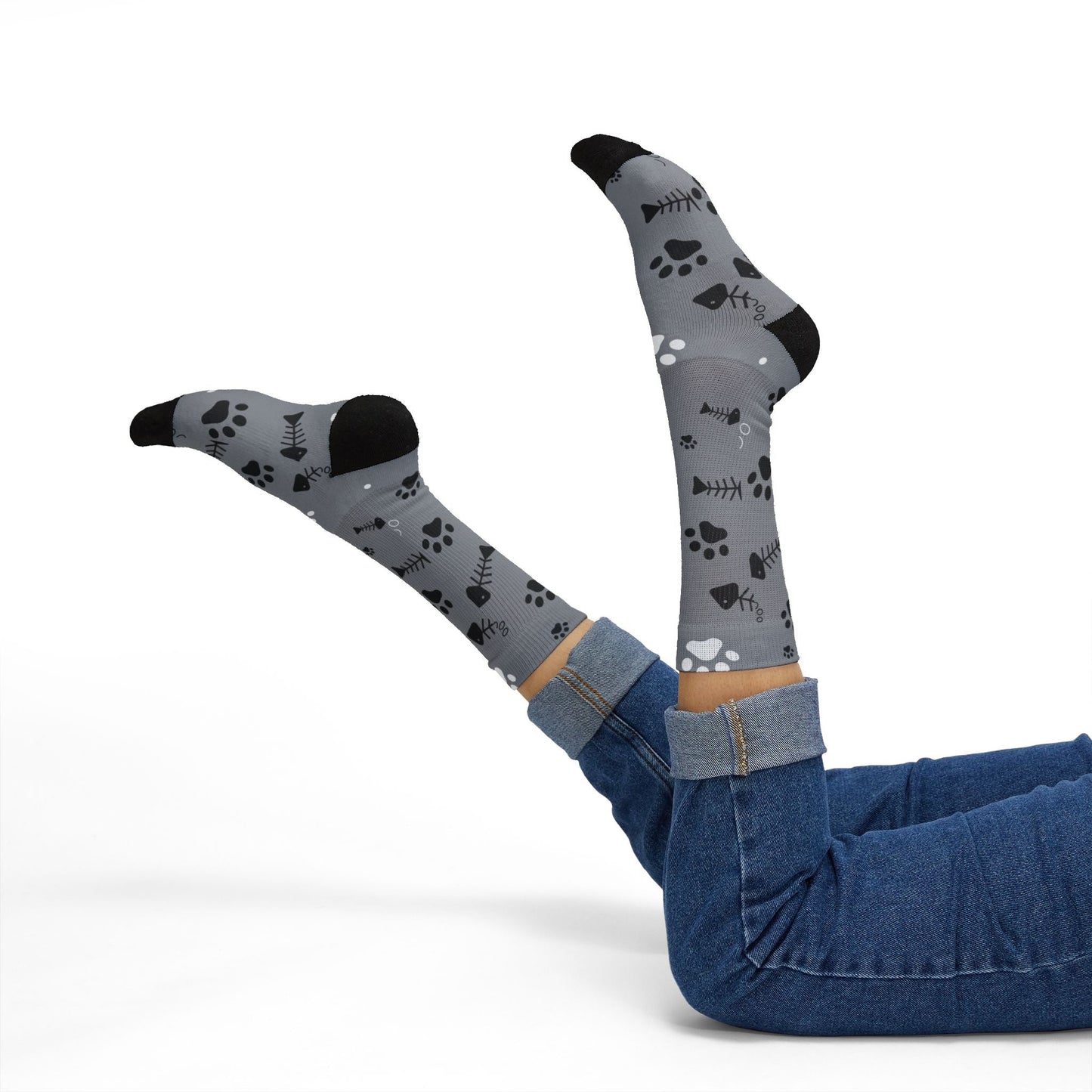 Grey Paw Print Socks — Cat & Dog Fishbone Pattern Sublimation Crew Socks Printify