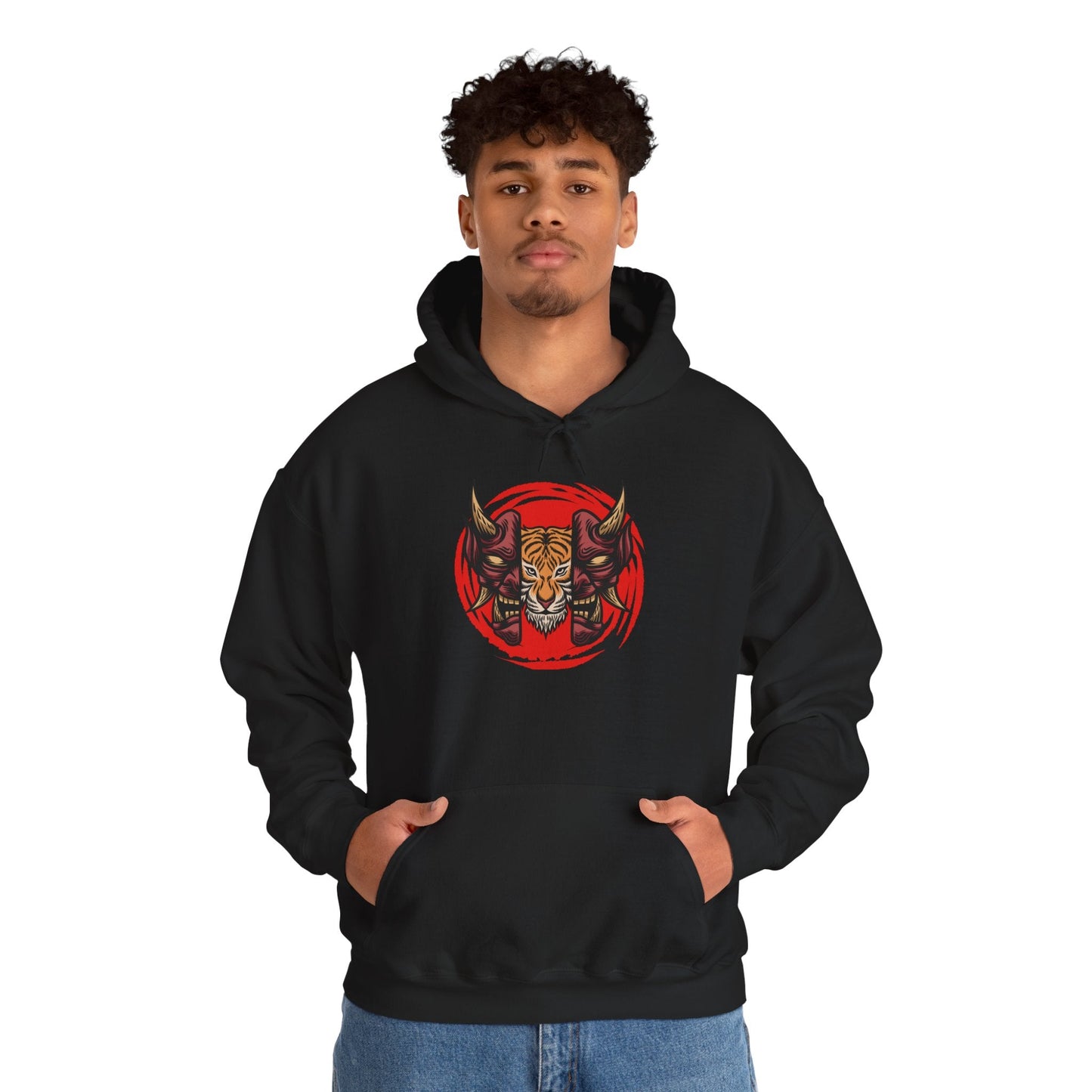 Tiger Demon Hoodie – Red Circle Oni Mask Graphic Printify