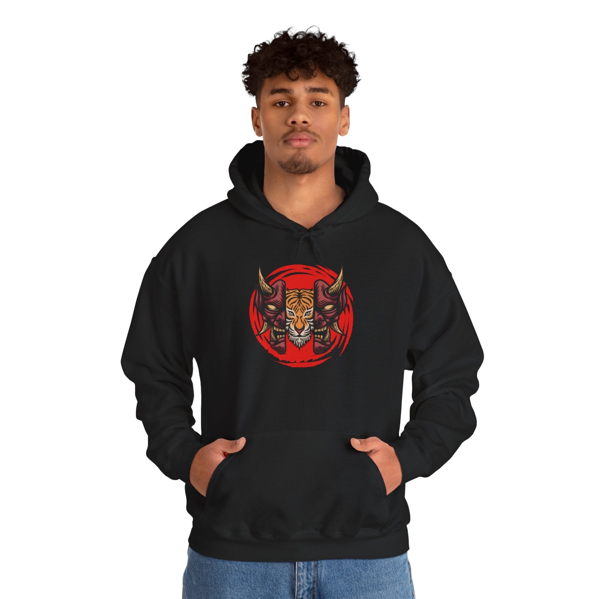 Tiger Demon Hoodie – Red Circle Oni Mask Graphic Printify
