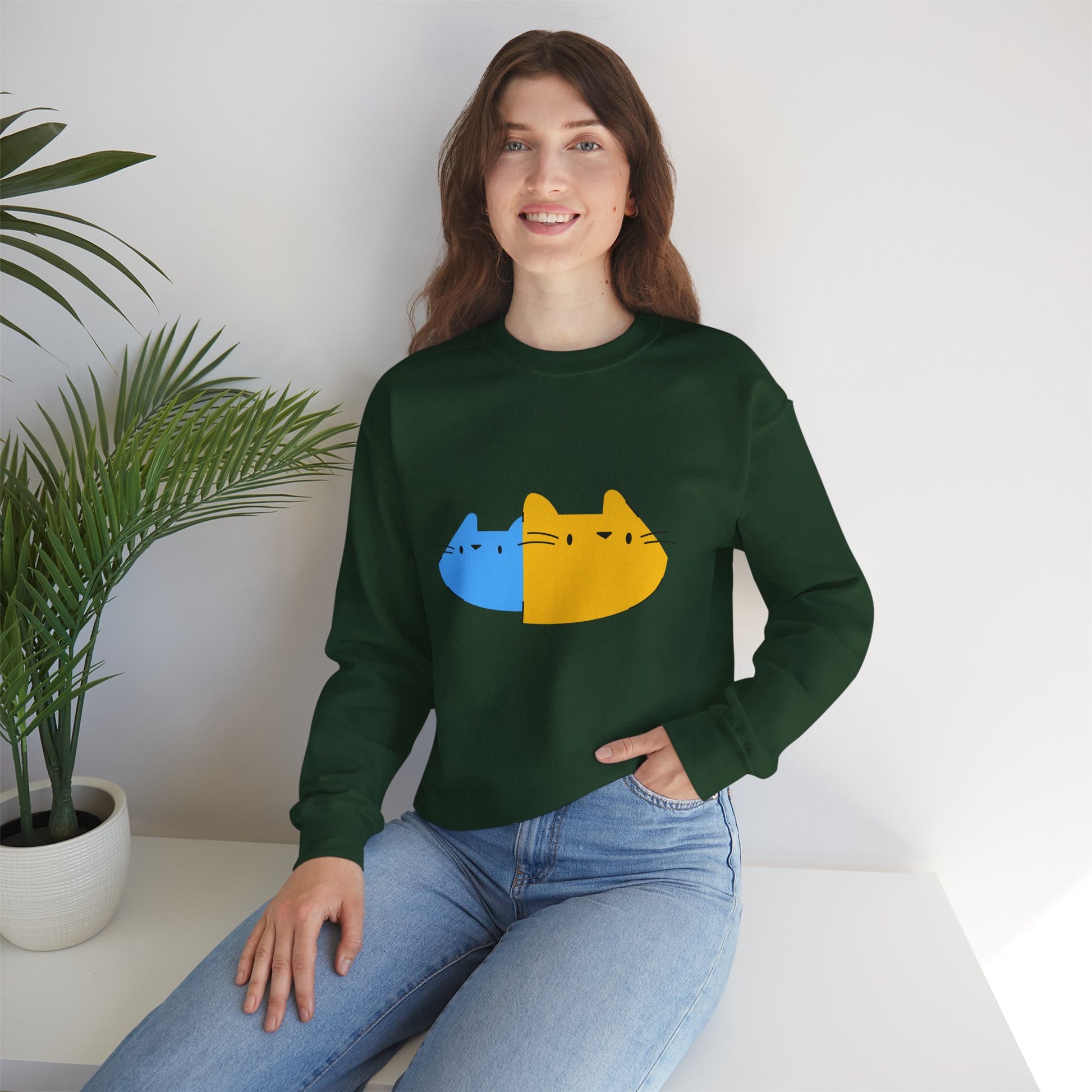 Cat Split Face Crewneck Sweatshirt – Cute Blue & Yellow Cat Graphic Printify