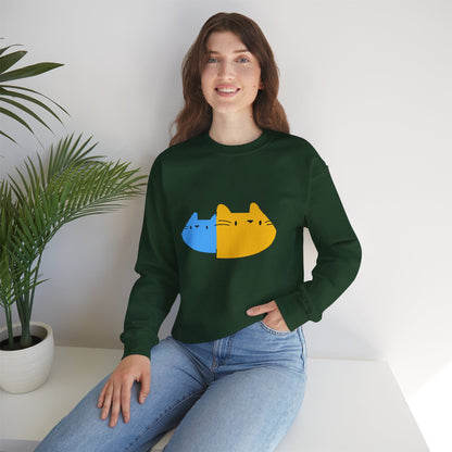 Cat Split Face Crewneck Sweatshirt – Cute Blue & Yellow Cat Graphic Printify