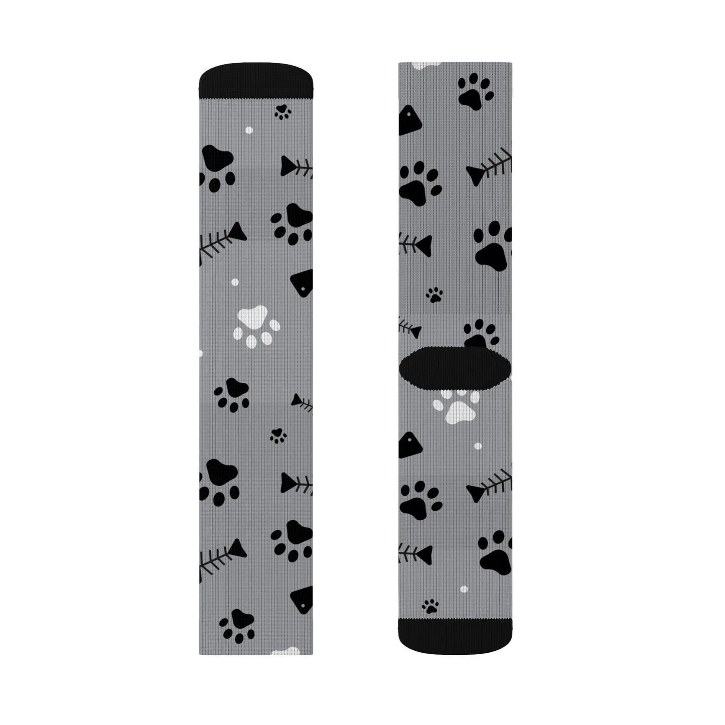 Grey Paw Print Socks — Cat & Dog Fishbone Pattern Sublimation Crew Socks Printify