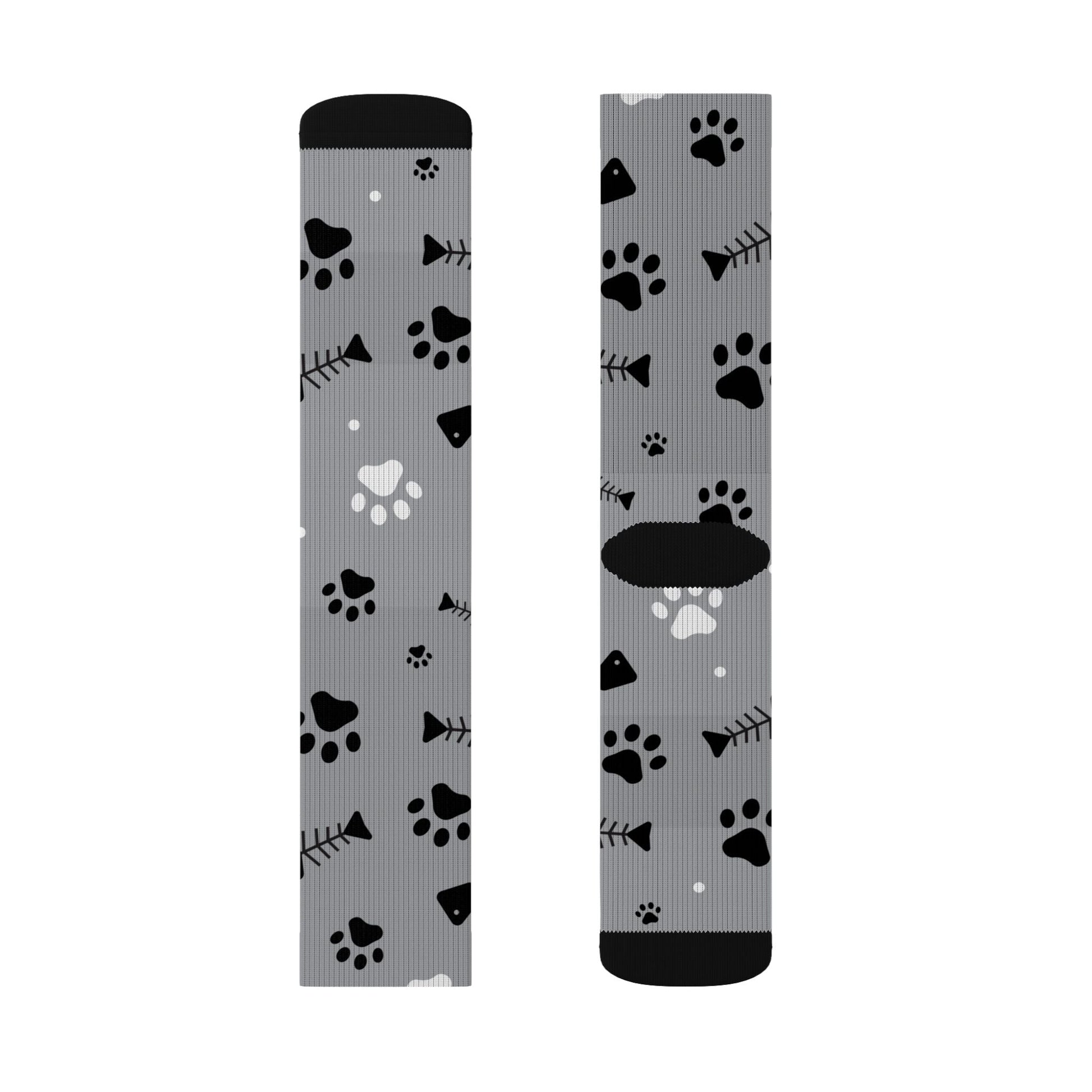 Grey Paw Print Socks — Cat & Dog Fishbone Pattern Sublimation Crew Socks Printify