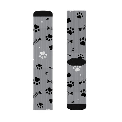 Grey Paw Print Socks — Cat & Dog Fishbone Pattern Sublimation Crew Socks Printify