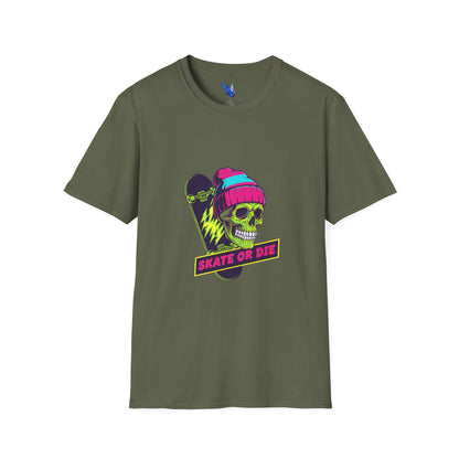 Skate or Die Skull T-Shirt — Neon Skateboard Graphic Tee Printify