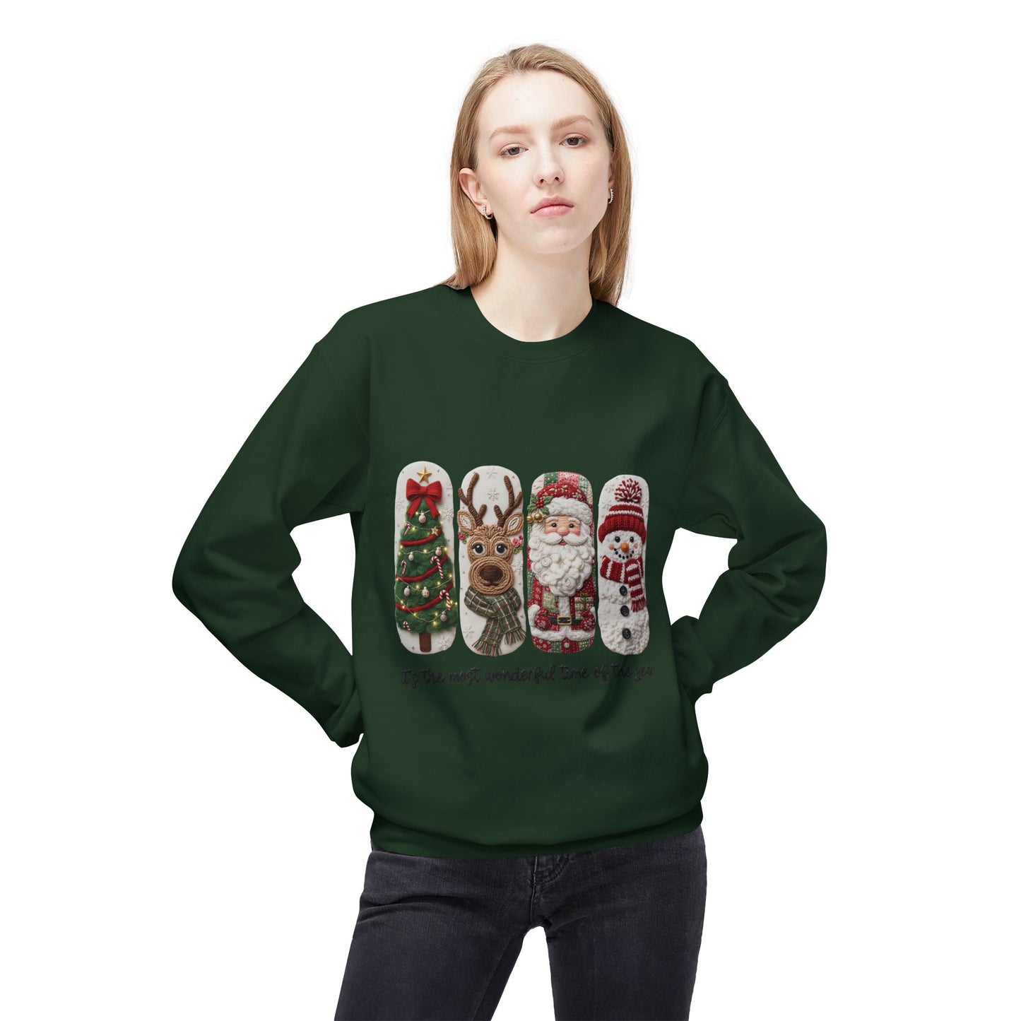 Christmas Crewneck Sweatshirt — Festive Tree Reindeer Santa Snowman Design Printify