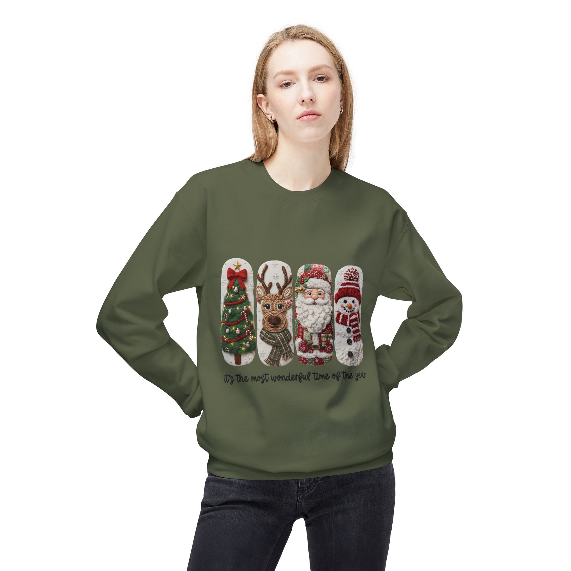 Christmas Crewneck Sweatshirt — Festive Tree Reindeer Santa Snowman Design Printify