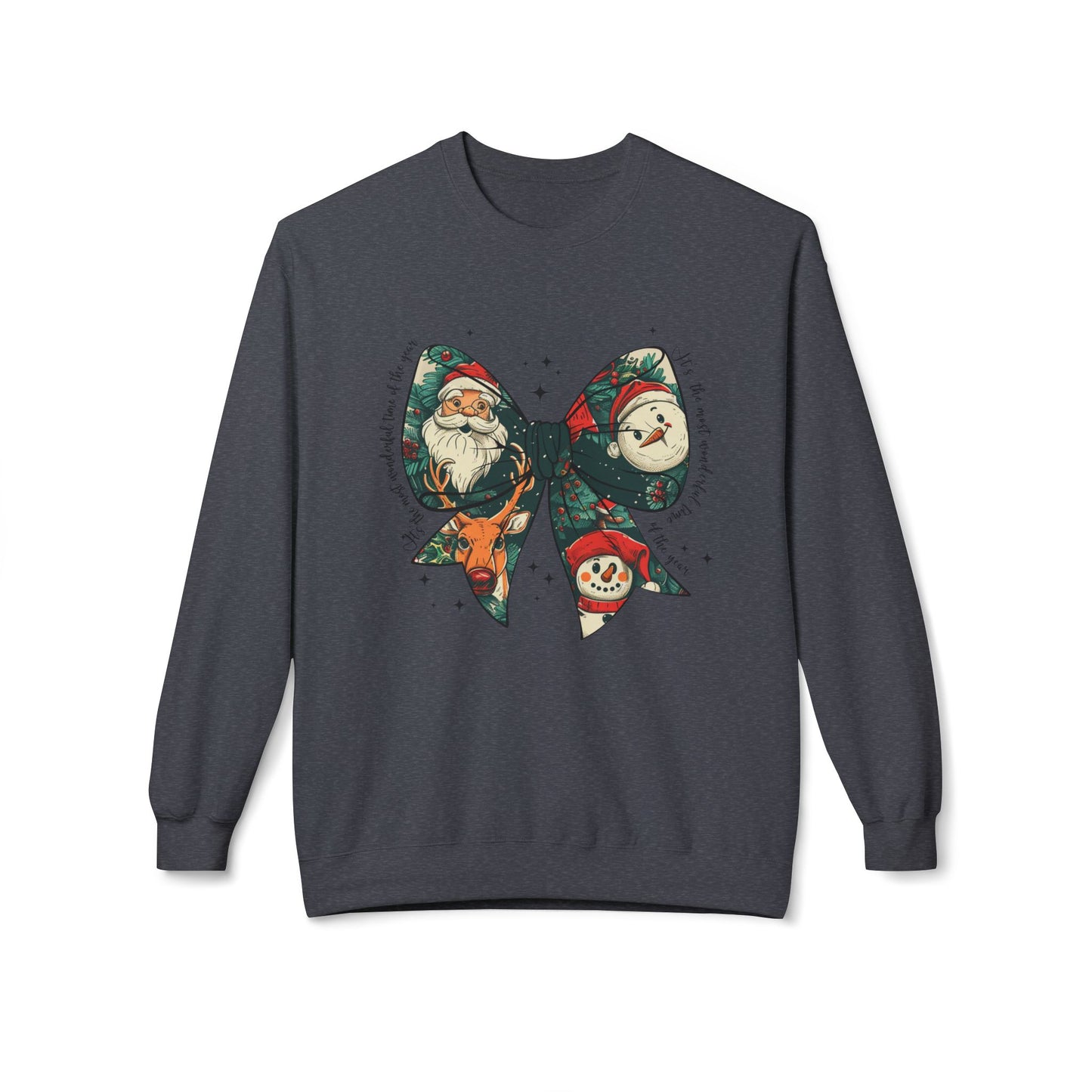 Christmas Bow Sweatshirt — Vintage Santa & Snowman Holiday Crewneck Printify