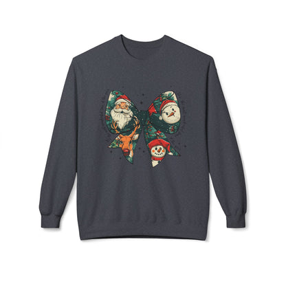 Christmas Bow Sweatshirt — Vintage Santa & Snowman Holiday Crewneck Printify