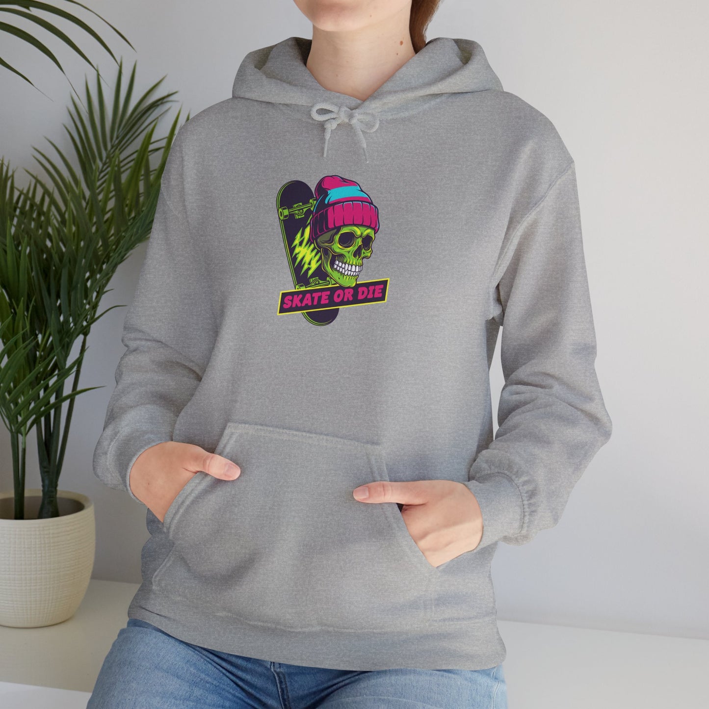 Skate or Die Skull Skateboard Hoodie — Neon Retro Skull Beanie Design Printify