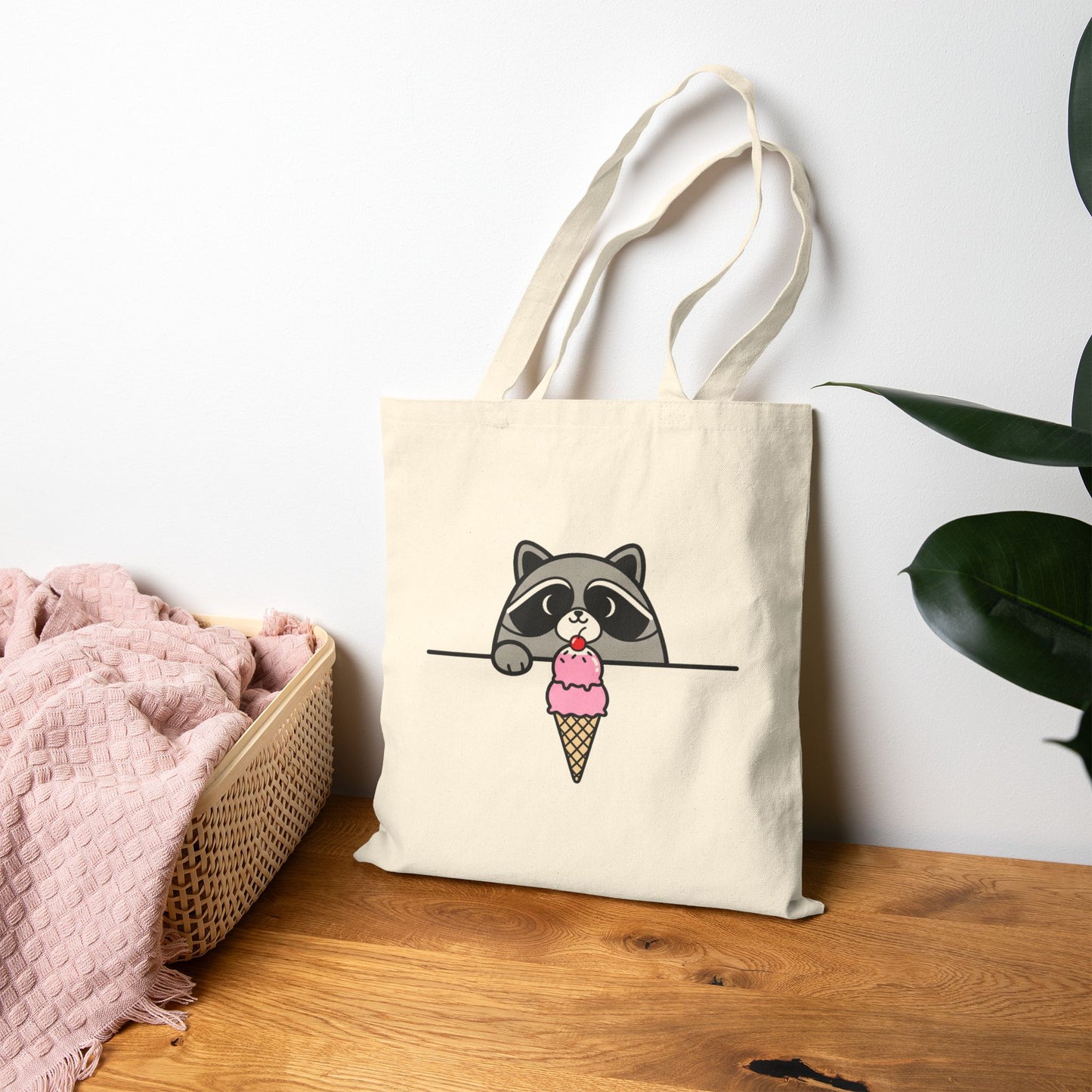 Canvas Tote Bag — Cute Raccoon Peeking at Ice Cream Graphic Printify