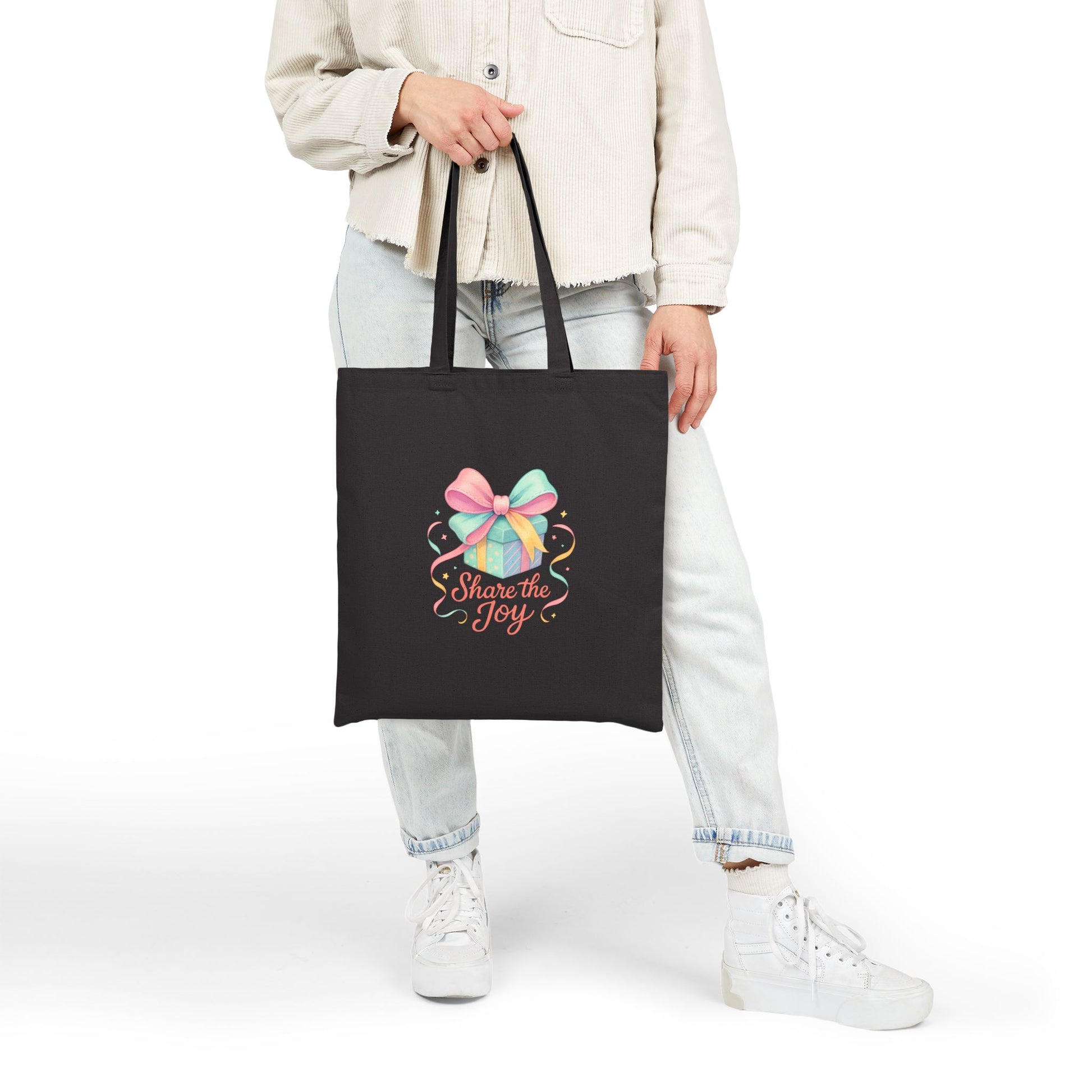 Share the Joy Tote Bag — Colorful Gift Bow Tote for Holiday & Gift Giving Printify