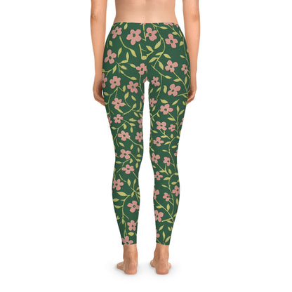 Floral Vines Leggings — Green Pink All-Over-Print Woman's Leggings Printify