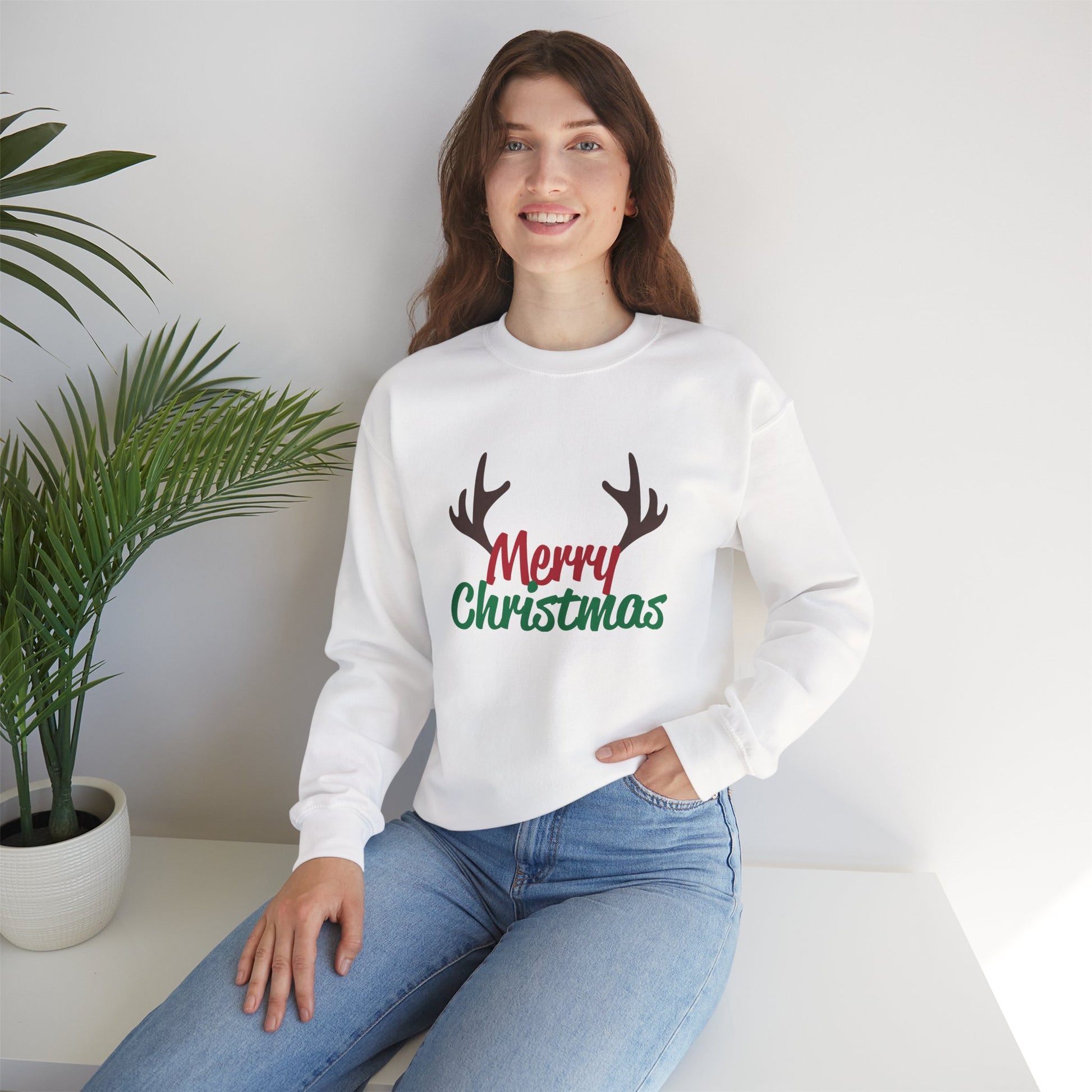 Merry Christmas Reindeer Antlers Crewneck Sweatshirt Printify