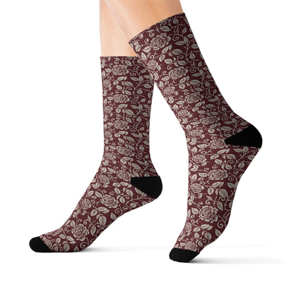 Vintage Floral Sublimation Socks — Burgundy Paisley Patterned Crew Socks Printify