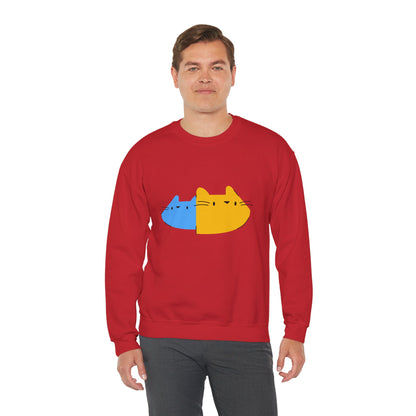 Cat Split Face Crewneck Sweatshirt – Cute Blue & Yellow Cat Graphic Printify