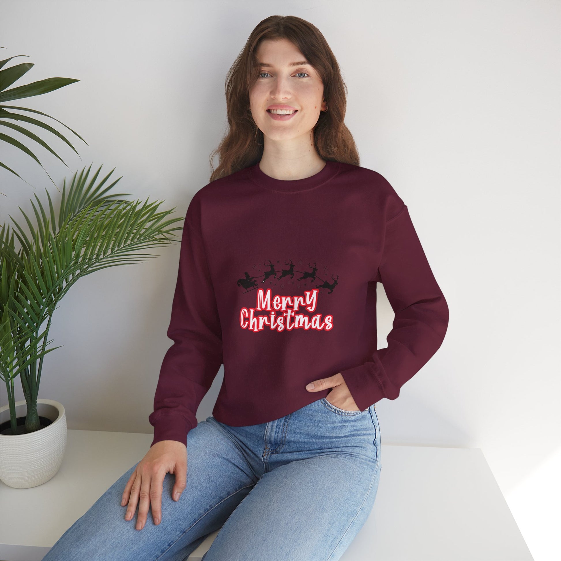 Christmas Crewneck Sweatshirt - 'Merry Christmas' Santa Sleigh Holiday Sweatshirt Printify