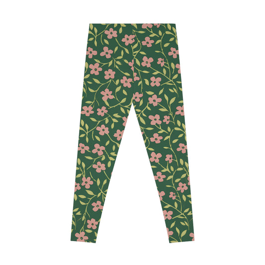 Floral Vines Leggings — Green Pink All-Over-Print Woman's Leggings Printify