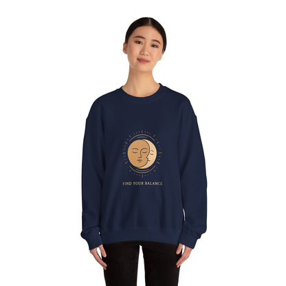 Minimalist Sun & Moon Face Crewneck Sweatshirt — Calm Vibes, Spiritual Graphic Printify