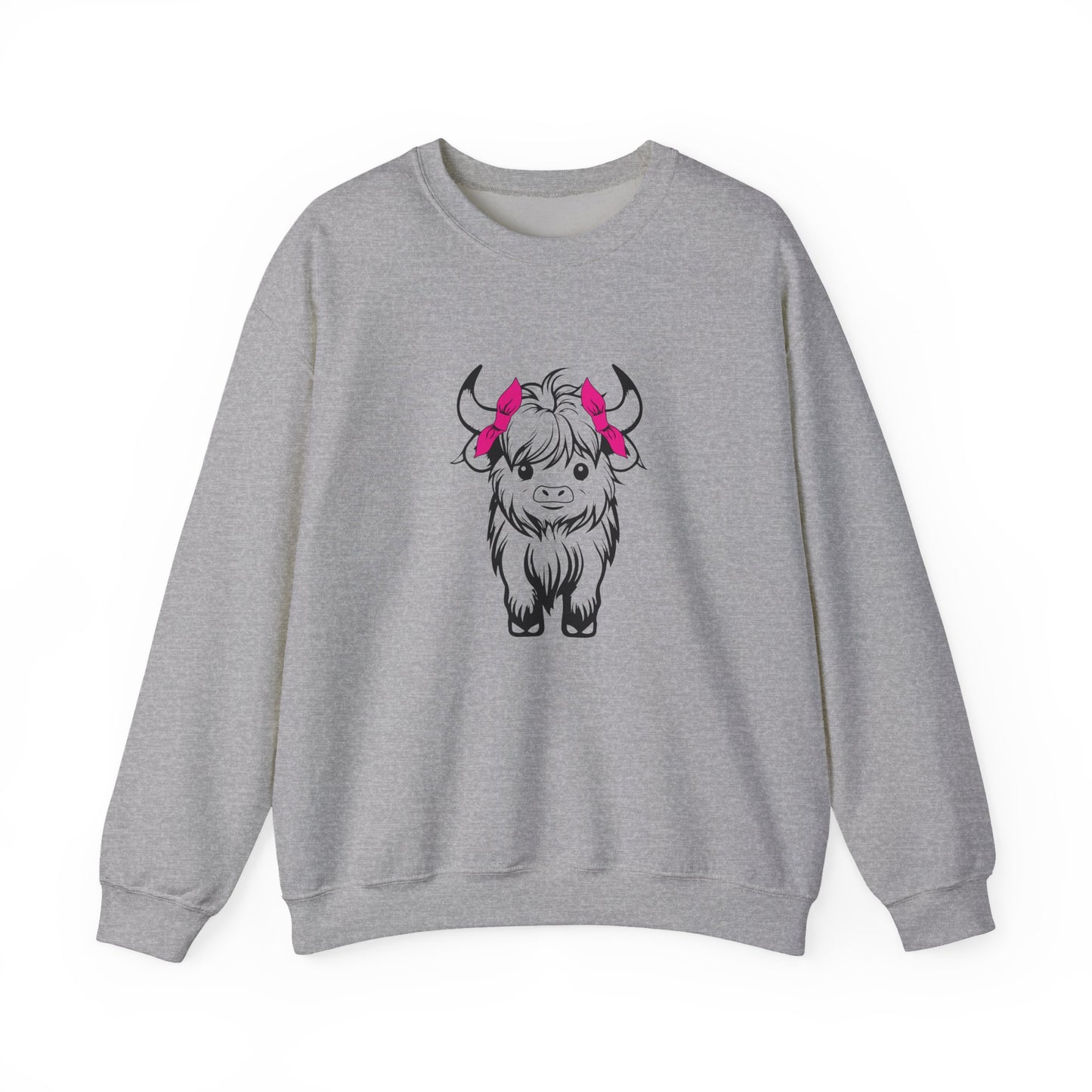 Highland Cow Crewneck Sweatshirt — Cute Yak Illustration with Pink Horns Printify