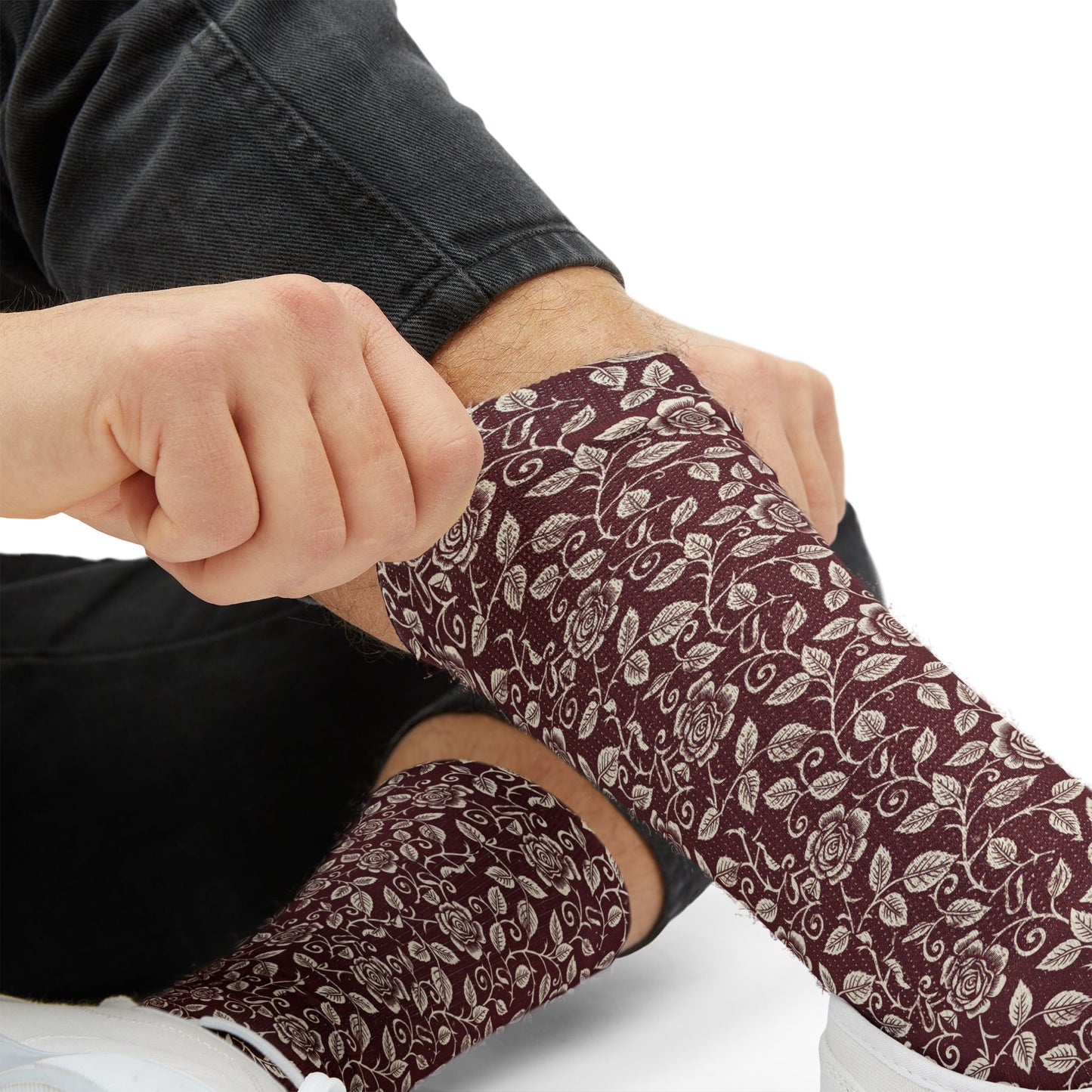 Vintage Floral Sublimation Socks — Burgundy Paisley Patterned Crew Socks Printify