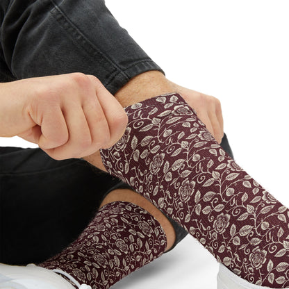 Vintage Floral Sublimation Socks — Burgundy Paisley Patterned Crew Socks Printify