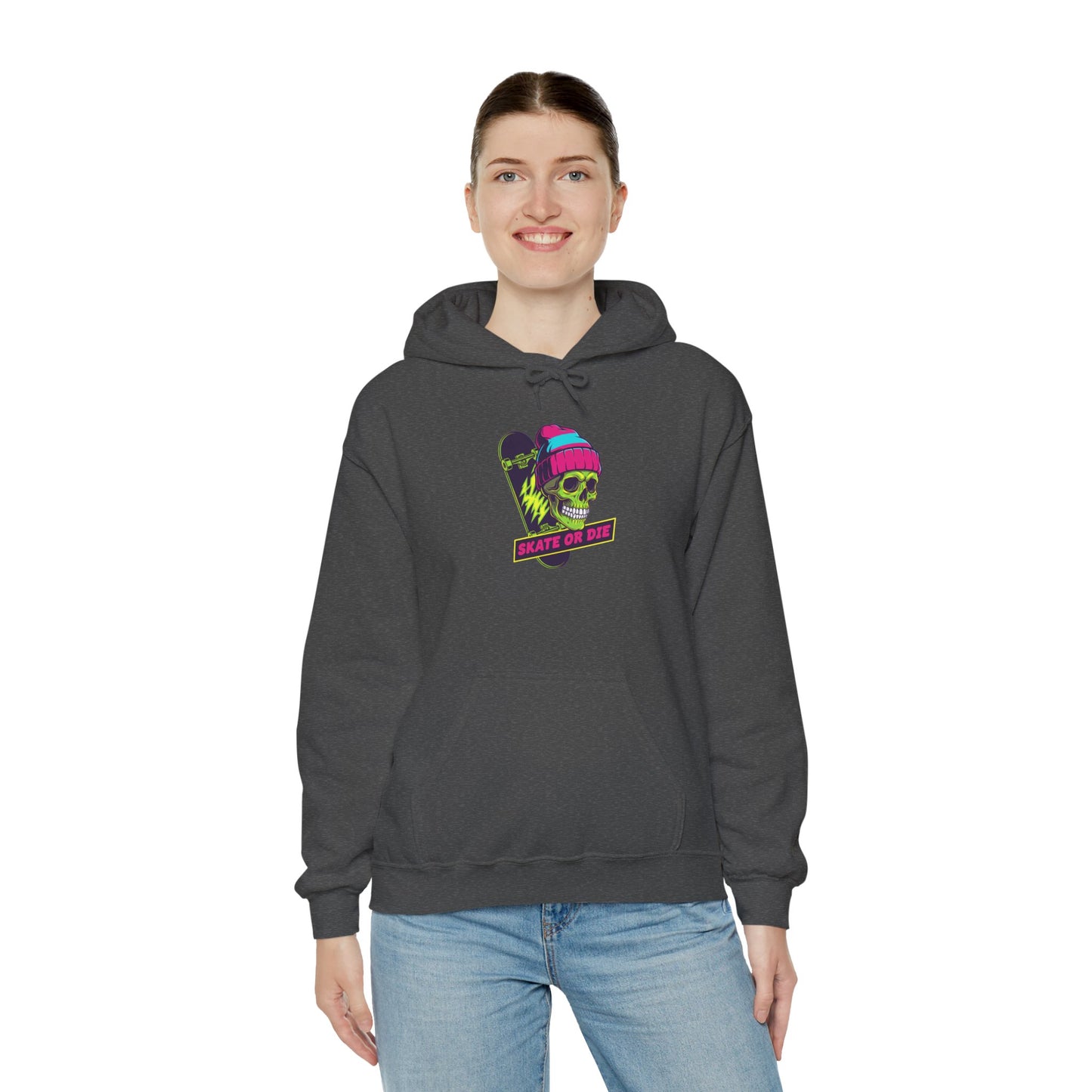 Skate or Die Skull Skateboard Hoodie — Neon Retro Skull Beanie Design Printify