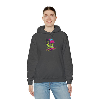 Skate or Die Skull Skateboard Hoodie — Neon Retro Skull Beanie Design Printify