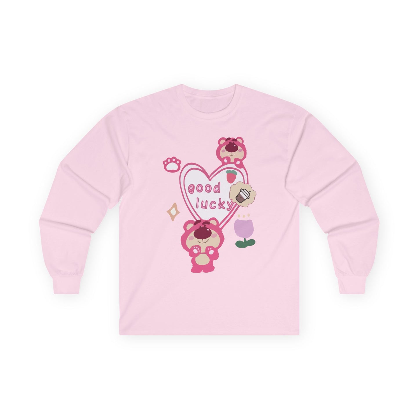 Good Lucky Heart Long Sleeve Tee — Cute Pink Bear Lucky Charm Shirt Printify