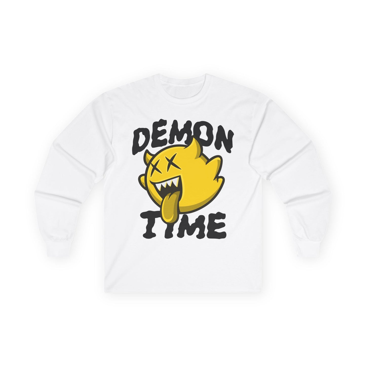 Long Sleeve Tee — "Demon Time" Yellow Cartoon Demon Graphic T-shirt Printify