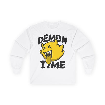 Long Sleeve Tee — "Demon Time" Yellow Cartoon Demon Graphic T-shirt Printify