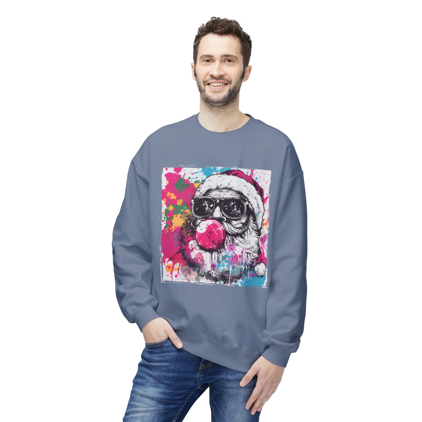 Skull Santa Bubblegum Sweatshirt – Colorful Holiday Graphic Crewneck Printify
