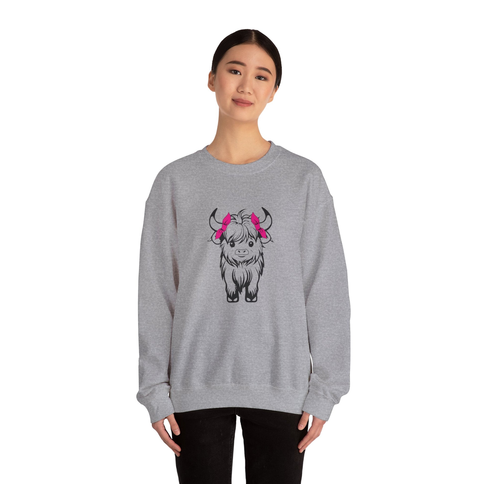 Highland Cow Crewneck Sweatshirt — Cute Yak Illustration with Pink Horns Printify