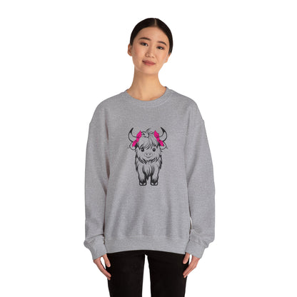 Highland Cow Crewneck Sweatshirt — Cute Yak Illustration with Pink Horns Printify