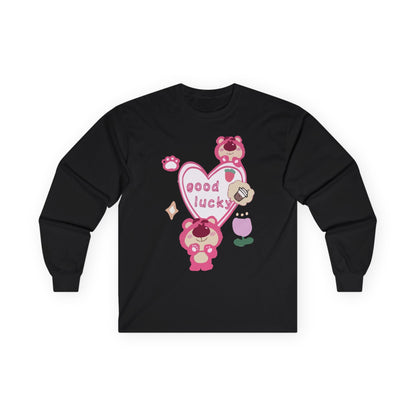 Good Lucky Heart Long Sleeve Tee — Cute Pink Bear Lucky Charm Shirt Printify