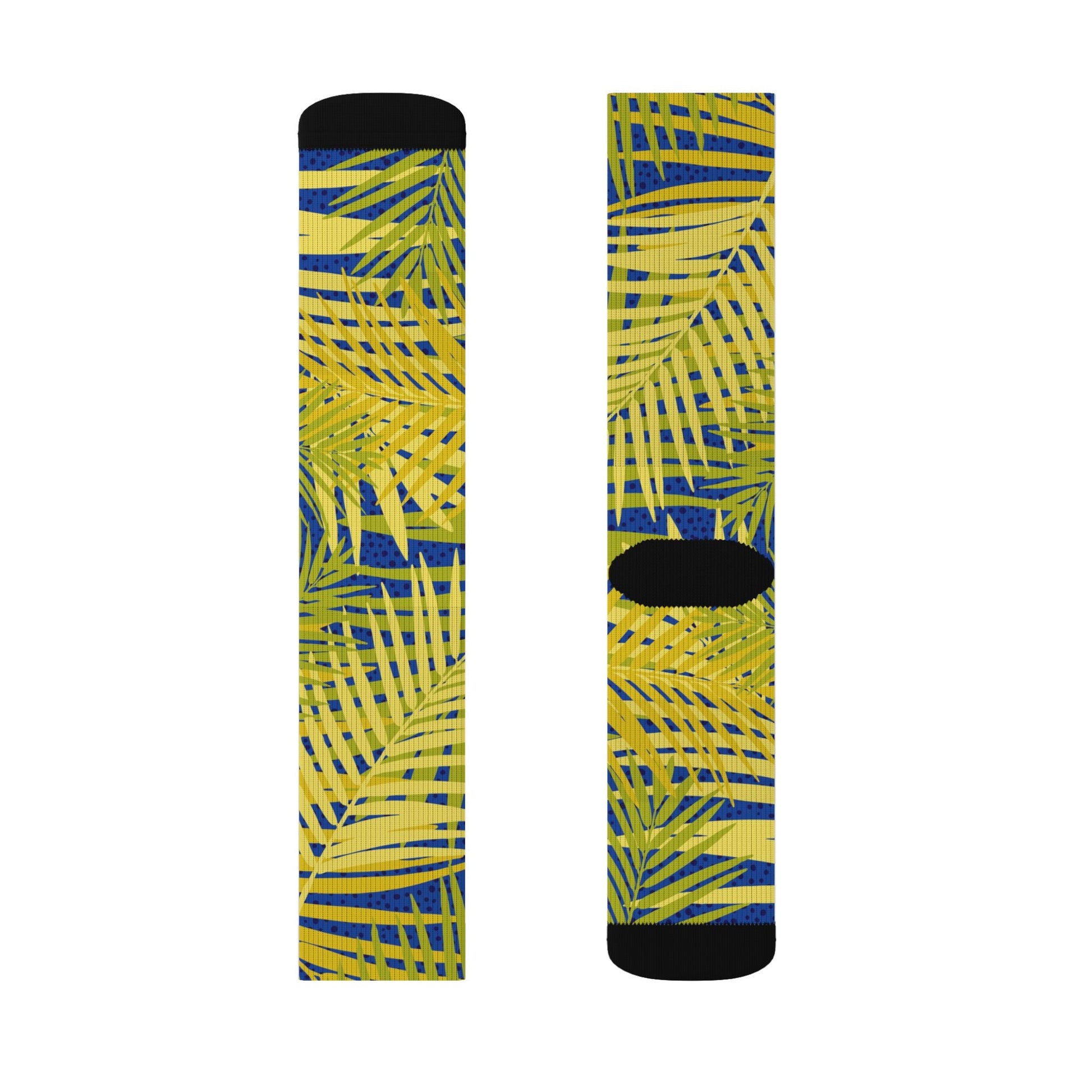 Tropical Palm Pattern Sublimation Socks — Yellow & Navy Leaf Crew Socks Printify