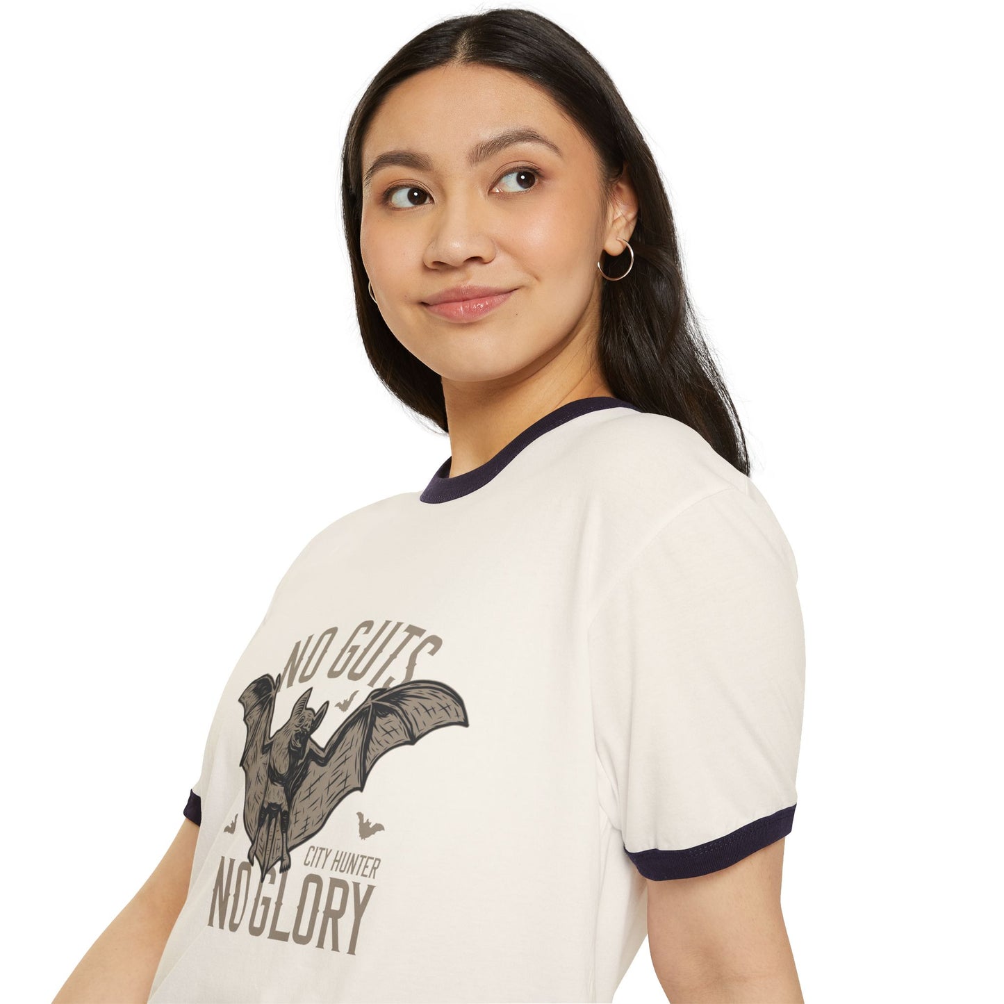Bat Hunter Ringer Tee — "No Guts No Glory" Vintage Graphic T-Shirt Printify