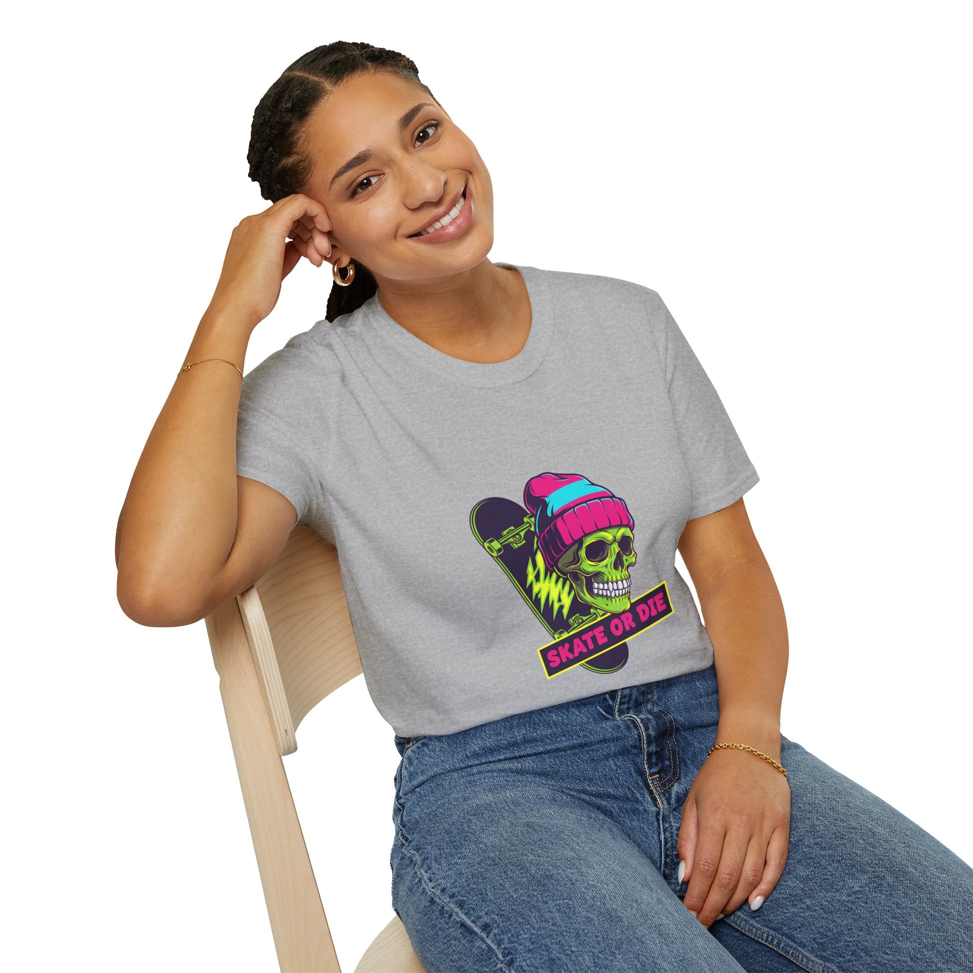 Skate or Die Skull T-Shirt — Neon Skateboard Graphic Tee Printify