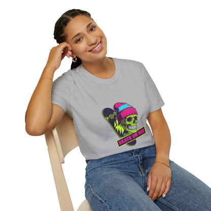 Skate or Die Skull T-Shirt — Neon Skateboard Graphic Tee Printify
