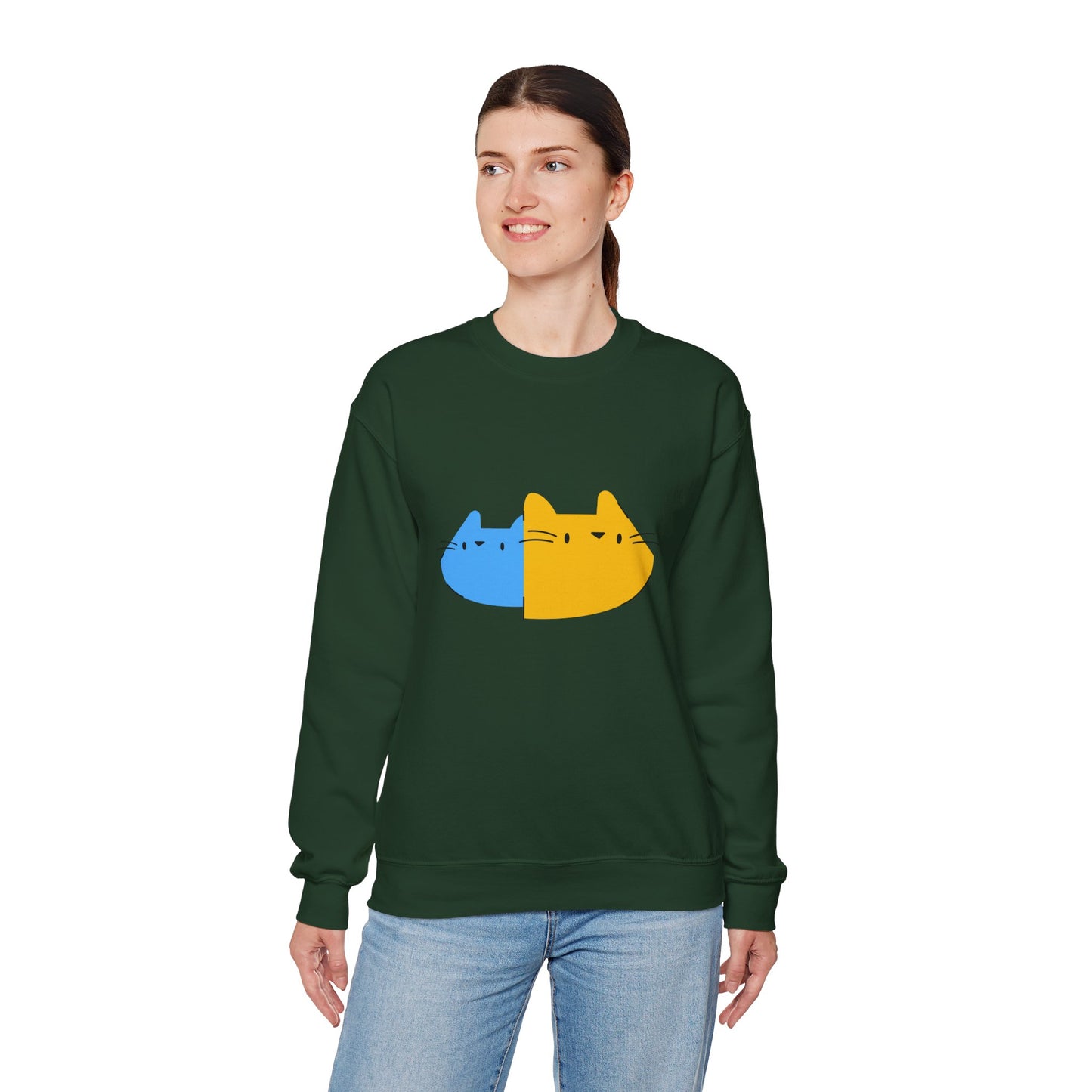 Cat Split Face Crewneck Sweatshirt – Cute Blue & Yellow Cat Graphic Printify