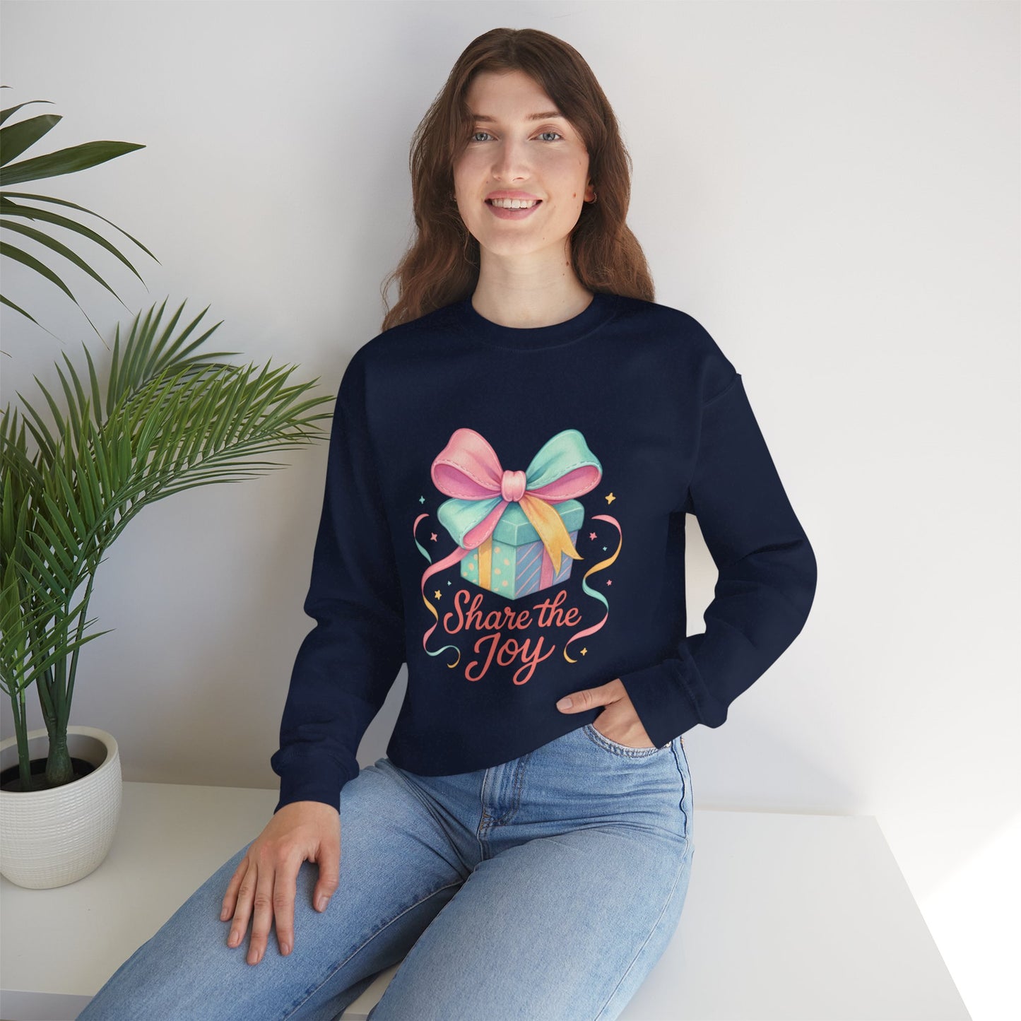 Crewneck Sweatshirt — 'Share the Joy' Pastel Gift Graphic Printify