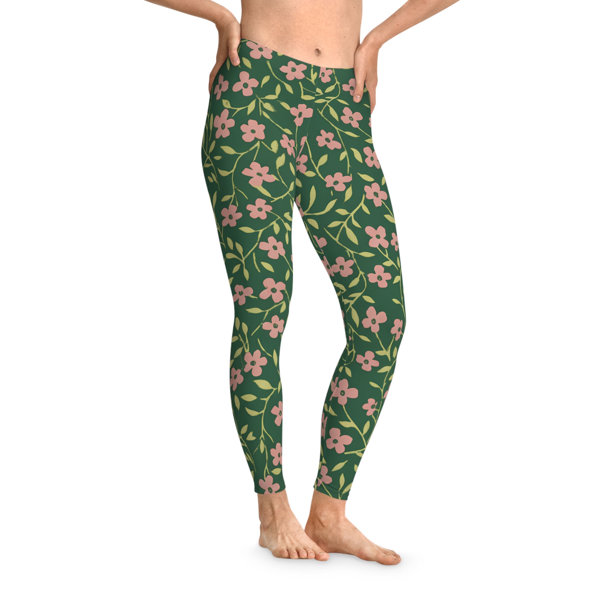 Floral Vines Leggings — Green Pink All-Over-Print Woman's Leggings Printify